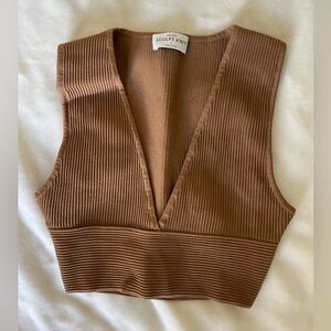 Babaton Tan Ribbed V-Neck Tank Top